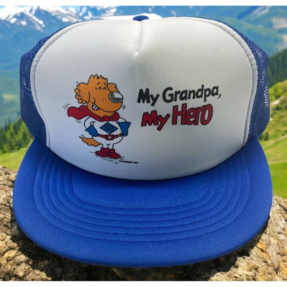 Vintage Snapback Trucker Hat My Grandpa My Hero Blue Gift Superhero Dog